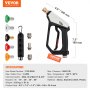 VEVOR pressure washer gun with interchangeable nozzles, specifications, and dimensions displayed.