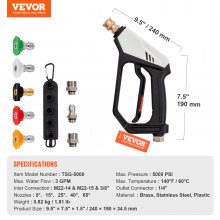 VEVOR Short Pressure Washer Gun, 5000 PSI High Power Washer Spay Gun, M22-14 mm / M22-15 / 3/8'' Inlet & 1/4'' Outlet Hose Connector Foam Gun, Pressure Washer Handle with 5 Color Quick Connect Nozzles