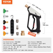 VEVOR Short Pressure Washer Gun, 5000 PSI High Power Washer Spay Gun, M22-14 mm / M22-15 / 3/8'' Inlet & 1/4'' Outlet Hose Connector Foam Gun, Pressure Washer Handle with 5 Color Quick Connect Nozzles