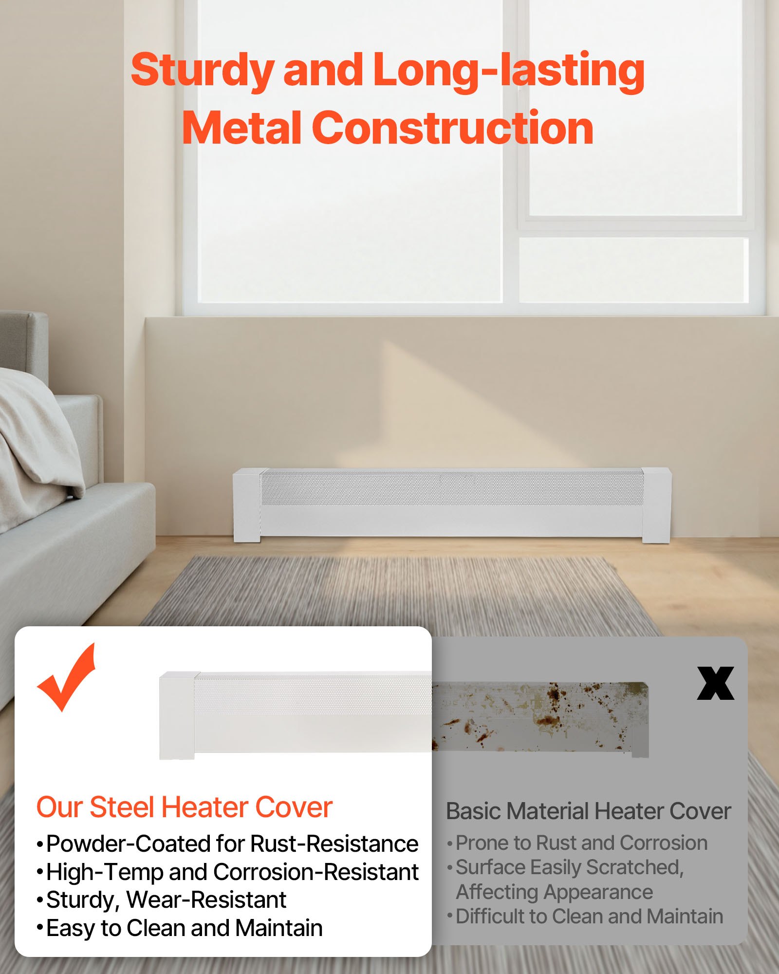 VEVOR Baseboard Heater Covers, Basic Series 1211 mm Standard Electric Heating Unit Front Cover for Home Improvement, Heavy-duty Steel, Easy Installation for Bedroom Replacing Old Cover, White