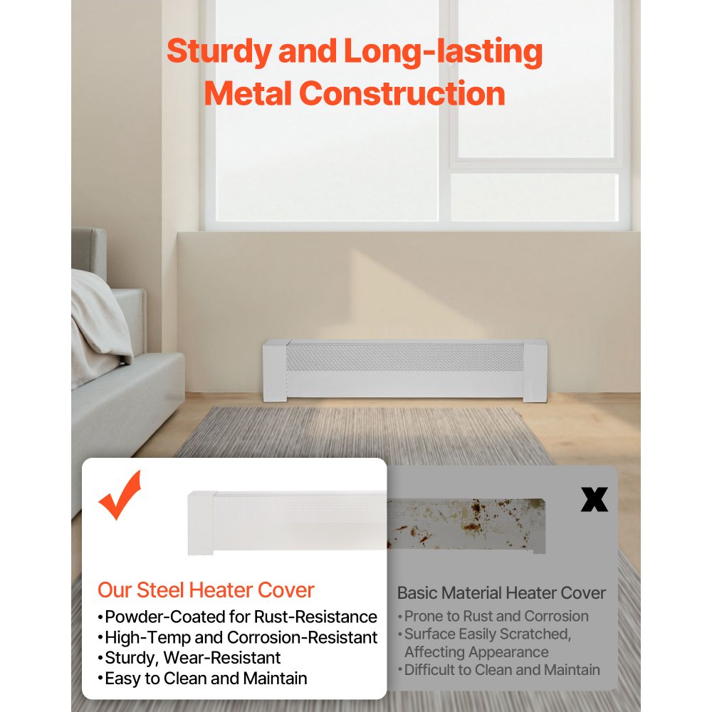 VEVOR Baseboard Heater Covers, Basic Series 916 mm Standard Electric Heating Unit Front Cover for Home Improvement, Heavy-duty Steel, Easy Installation for Bedroom Replacing Old Cover, White