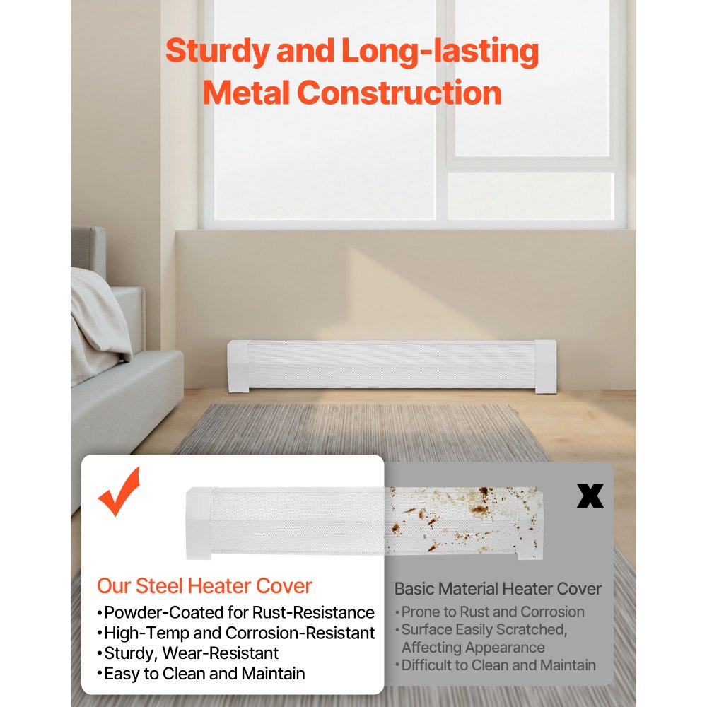 VEVOR Baseboard Heater Covers, Premium Series 1222 mm Standard Electric Heating Unit Front Cover for Home Improvement, Heavy-duty Steel, Easy Installation for Bedroom Replacing Old Cover, White