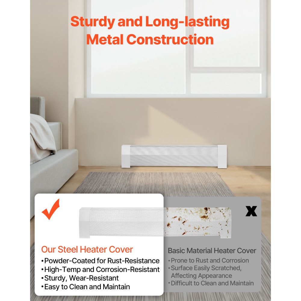 VEVOR Baseboard Heater Covers, Premium Series 3 ft Standard Electric Heating Unit Front Cover for Home Improvement, Heavy-duty Steel, Easy Installation for Bedroom Replacing Old Cover, White