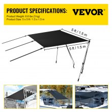 VEVOR Kit de pare-soleil T-Top 1,5 x 1,5 m, kit d'extension en polyester 600D résistant aux UV avec poteaux télescopiques en acier antirouille, kit d'ombrage T-Top étanche, facile à assembler pour T-Tops et Bimini Top