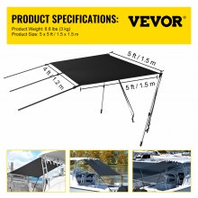 VEVOR T-Top Sun Shade Kit 5' x 5', UV-Proof 600D Polyester T-top Extension Kit with Rustproof Steel Telescopic Poles, Waterproof T-Top Shade Kit, Easy to Assemble for T-Tops ＆ Bimini Top