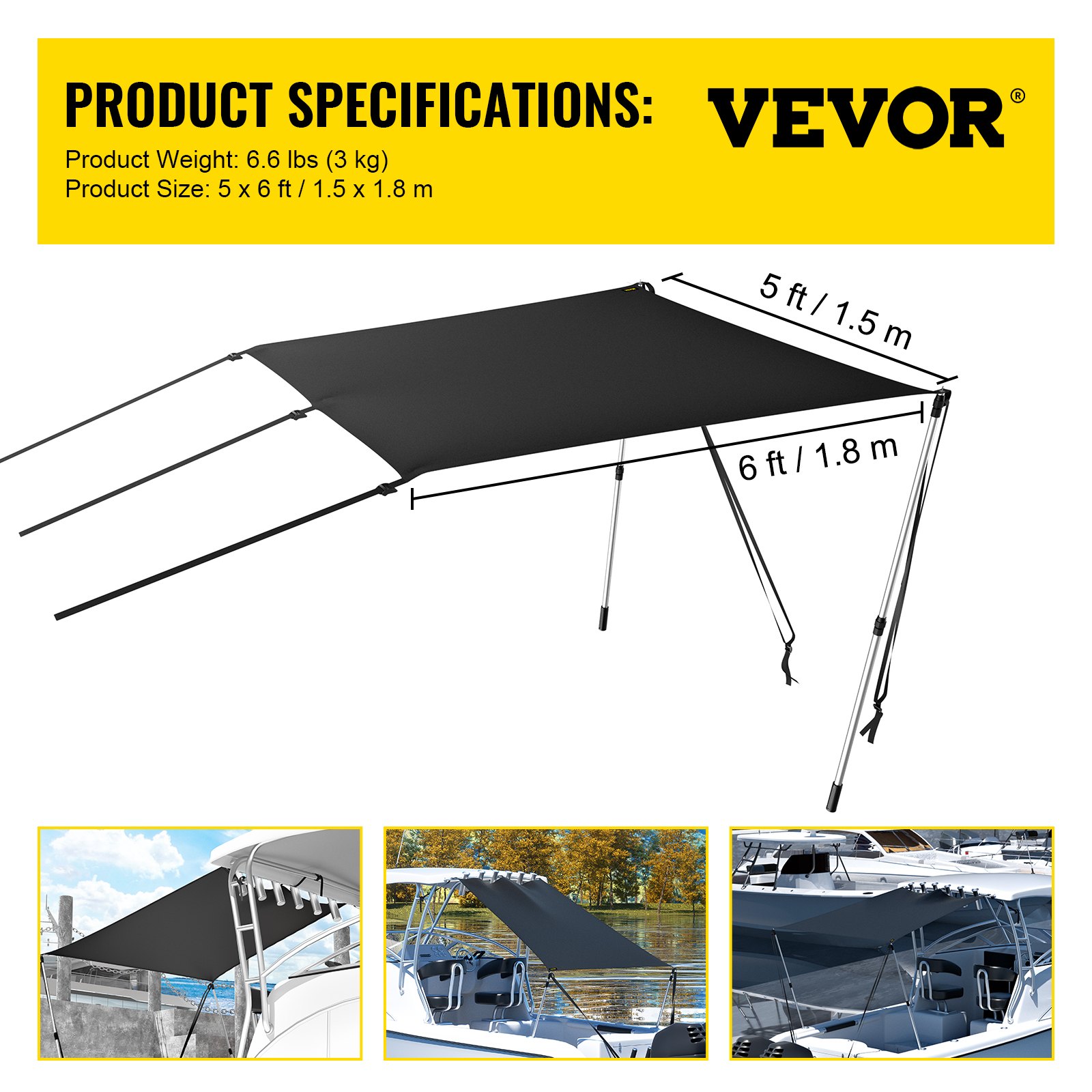 VEVOR t-top sun shade kit, 5x6 ft, black canopy, includes installation rods, ideal for boat coverage.