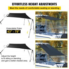 VEVOR T-Top Sun Shade Kit 6' x 7', UV-Proof 600D Polyester T-top Extension Kit with Rustproof Steel Telescopic Poles, Waterproof T-Top Shade Kit, Easy to Assemble for T-Tops ＆ Bimini Top