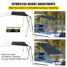 VEVOR T-Top Sun Shade Kit 4' x 5', UV-Proof 600D Polyester T-top Extension Kit with Rustproof Steel Telescopic Poles, Waterproof T-Top Shade Kit, Easy to Assemble for T-Tops ＆ Bimini Top