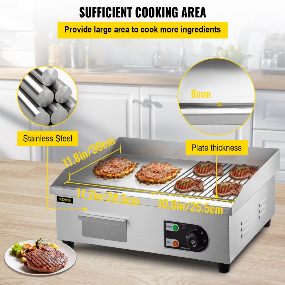 VEVOR 22" Commercial Electric Griddle, 1600W Electric Flat Top Grill, Half Grooved Teppanyaki Grill, Stainless Steel Electric Countertop Griddle w/Drip Hole, 122°F-572°F Electric Griddle for Kitchen.