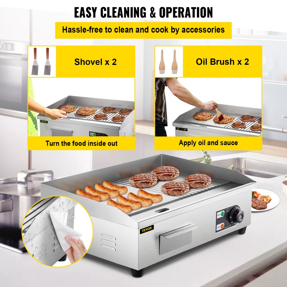 VEVOR 22" Commercial Electric Griddle, 1600W Electric Flat Top Grill, Half Grooved Teppanyaki Grill, Stainless Steel Electric Countertop Griddle w/Drip Hole, 122°F-572°F Electric Griddle for Kitchen.