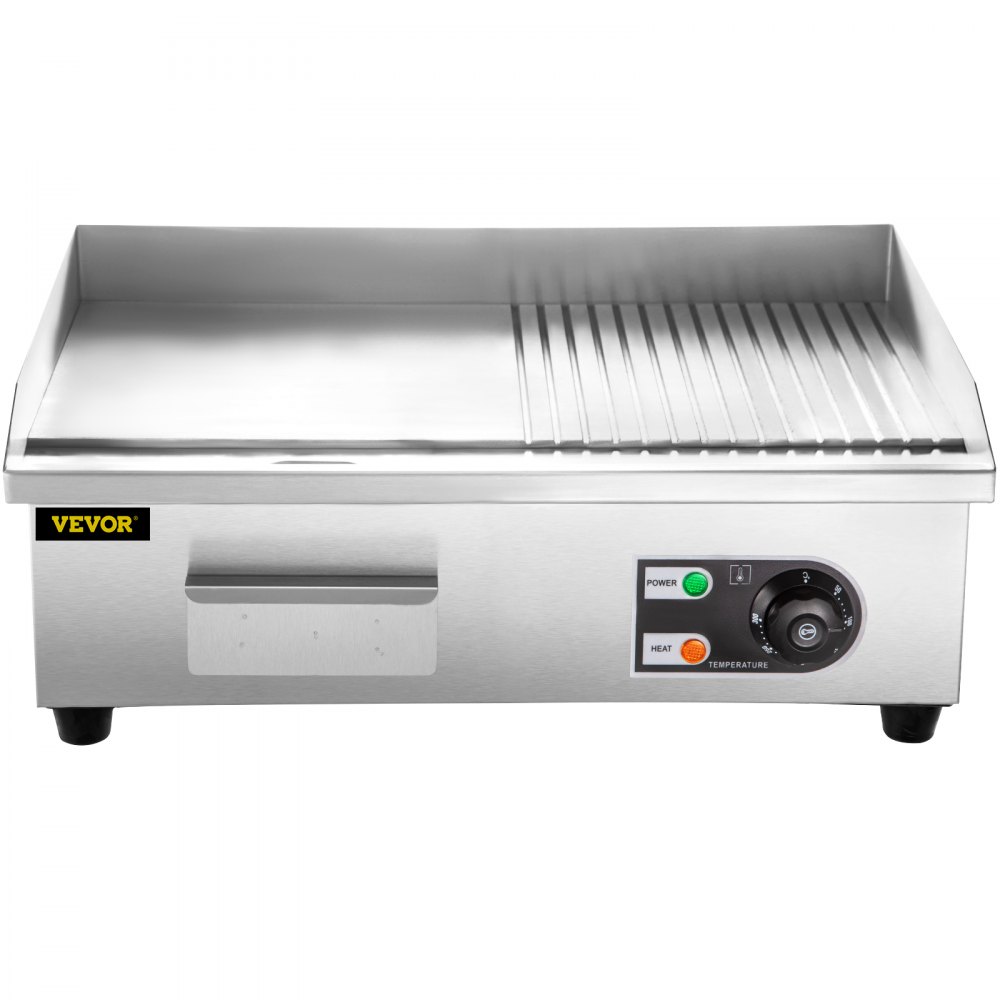 VEVOR 22" Commercial Electric Griddle, 1600W Electric Flat Top Grill, Half Grooved Teppanyaki Grill, Stainless Steel Electric Countertop Griddle w/Drip Hole, 122°F-572°F Electric Griddle for Kitchen.
