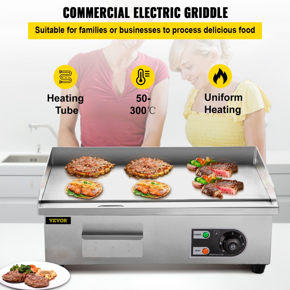 VEVOR Commercial Electric Griddle, 18" Teppanyaki Grill, 1600W Electric Flat Top Grill, Stainless Steel Electric Countertop Griddle w/Drip Hole, 50-300℃ Countertop Griddle for Pancake, Chicken