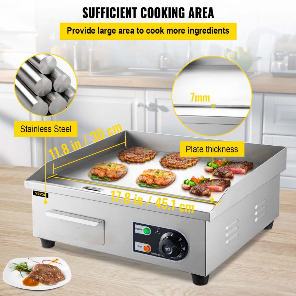 VEVOR Commercial Electric Griddle, 18" Teppanyaki Grill, 1600W Electric Flat Top Grill, Stainless Steel Electric Countertop Griddle w/Drip Hole, 50-300℃ Countertop Griddle for Pancake, Chicken