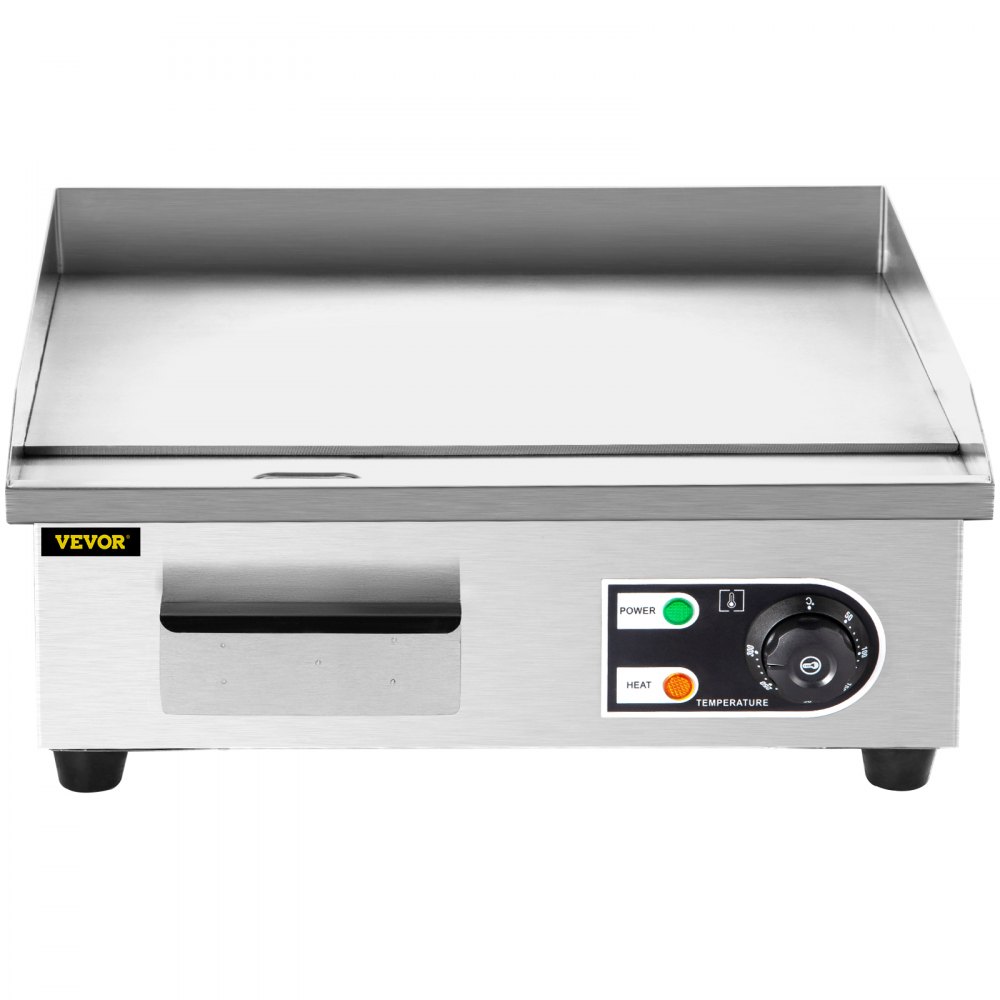 VEVOR Commercial Electric Griddle, 18" Teppanyaki Grill, 1600W Electric Flat Top Grill, Stainless Steel Electric Countertop Griddle w/Drip Hole, 50-300℃ Countertop Griddle for Pancake, Chicken