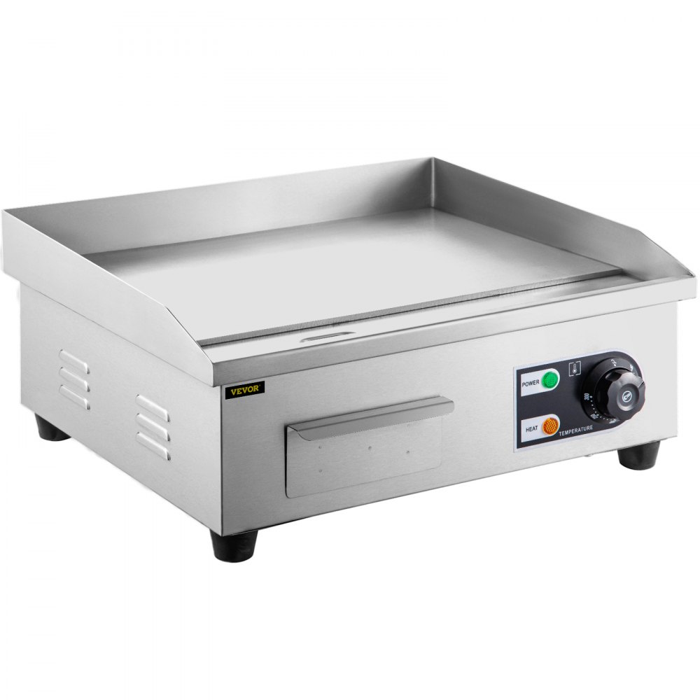VEVOR Commercial Electric Griddle, 18" Teppanyaki Grill, 1600W Electric Flat Top Grill, Stainless Steel Electric Countertop Griddle w/Drip Hole, 50-300℃ Countertop Griddle for Pancake, Chicken