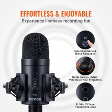 VEVOR Microphone USB, 192 kHz/24 bits, kit de microphone à condensateur professionnel, avec bras de perche, filtre anti-pop, support anti-choc, bouton muet, prise casque, pour enregistrement de podcast, jeux vidéo, chant, streaming