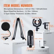 Micrófono USB VEVOR, 192 kHz/24 bits, kit de micrófono de condensador profesional, con soporte de brazo articulado, filtro antipop, soporte amortiguador, botón de silencio, conector para auriculares, para grabación de podcasts, videojuegos, canto y streaming