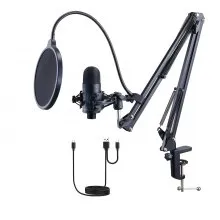 Micrófono USB VEVOR, 192 kHz/24 bits, kit de micrófono de condensador profesional, con soporte de brazo articulado, filtro antipop, soporte amortiguador, botón de silencio, conector para auriculares, para grabación de podcasts, videojuegos, canto y streaming