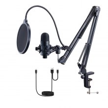 VEVOR Microphone USB, 192 kHz/24 bits, kit de microphone à condensateur professionnel, avec bras de perche, filtre anti-pop, support anti-choc, bouton muet, prise casque, pour enregistrement de podcast, jeux vidéo, chant, streaming