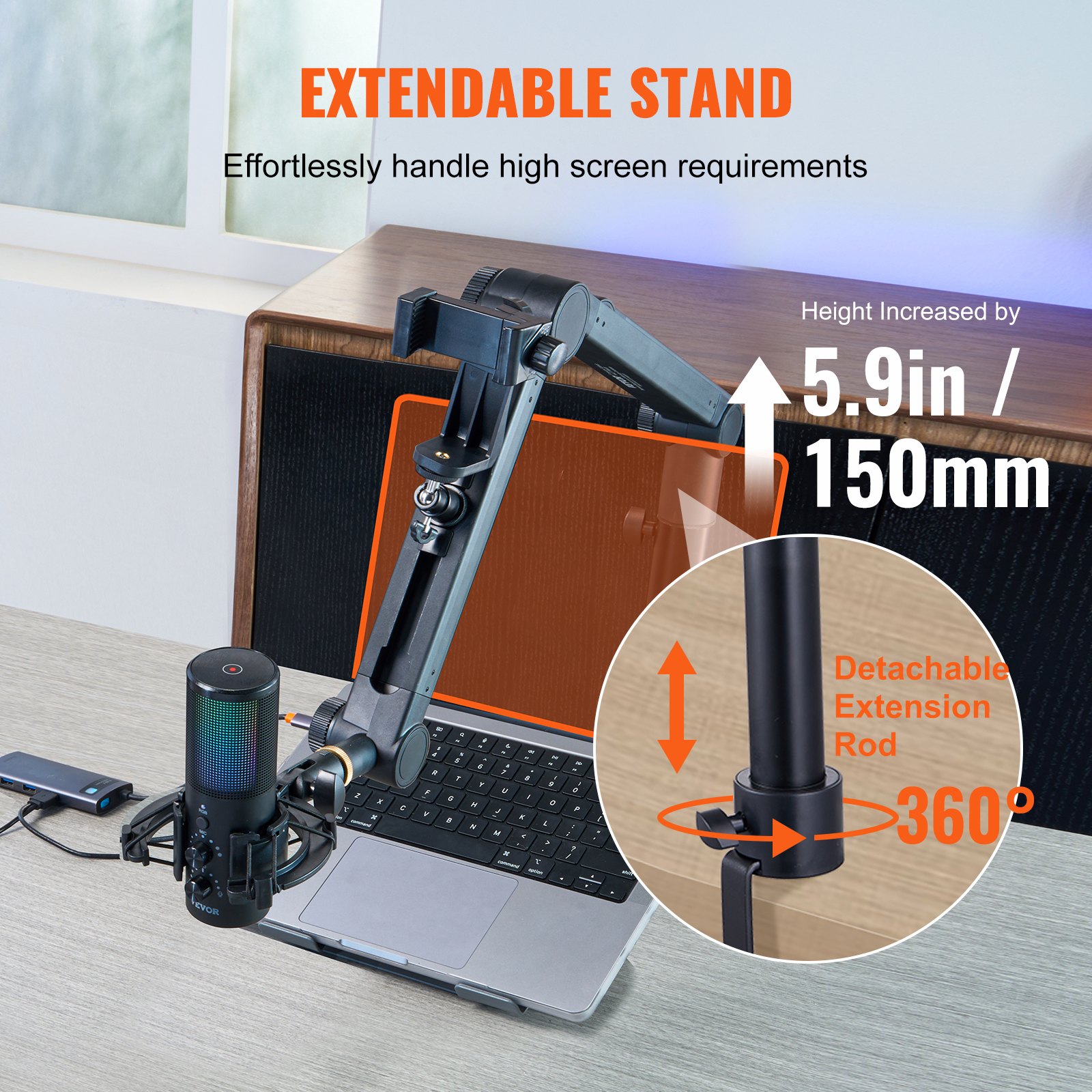 VEVOR Desk-Mounted Microphone Arm, Flexible 360° Rotation, Adjustable Stand with Universal 3/8" to 5/8" Adapter and Headphone Holder, Compatible with Blue Yeti, Hyperx Quadcast, and More