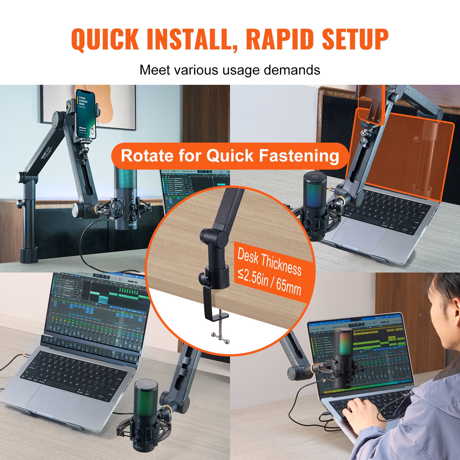 VEVOR Desk-Mounted Microphone Arm, Flexible 360° Rotation, Adjustable Stand with Universal 3/8" to 5/8" Adapter and Headphone Holder, Compatible with Blue Yeti, Hyperx Quadcast, and More