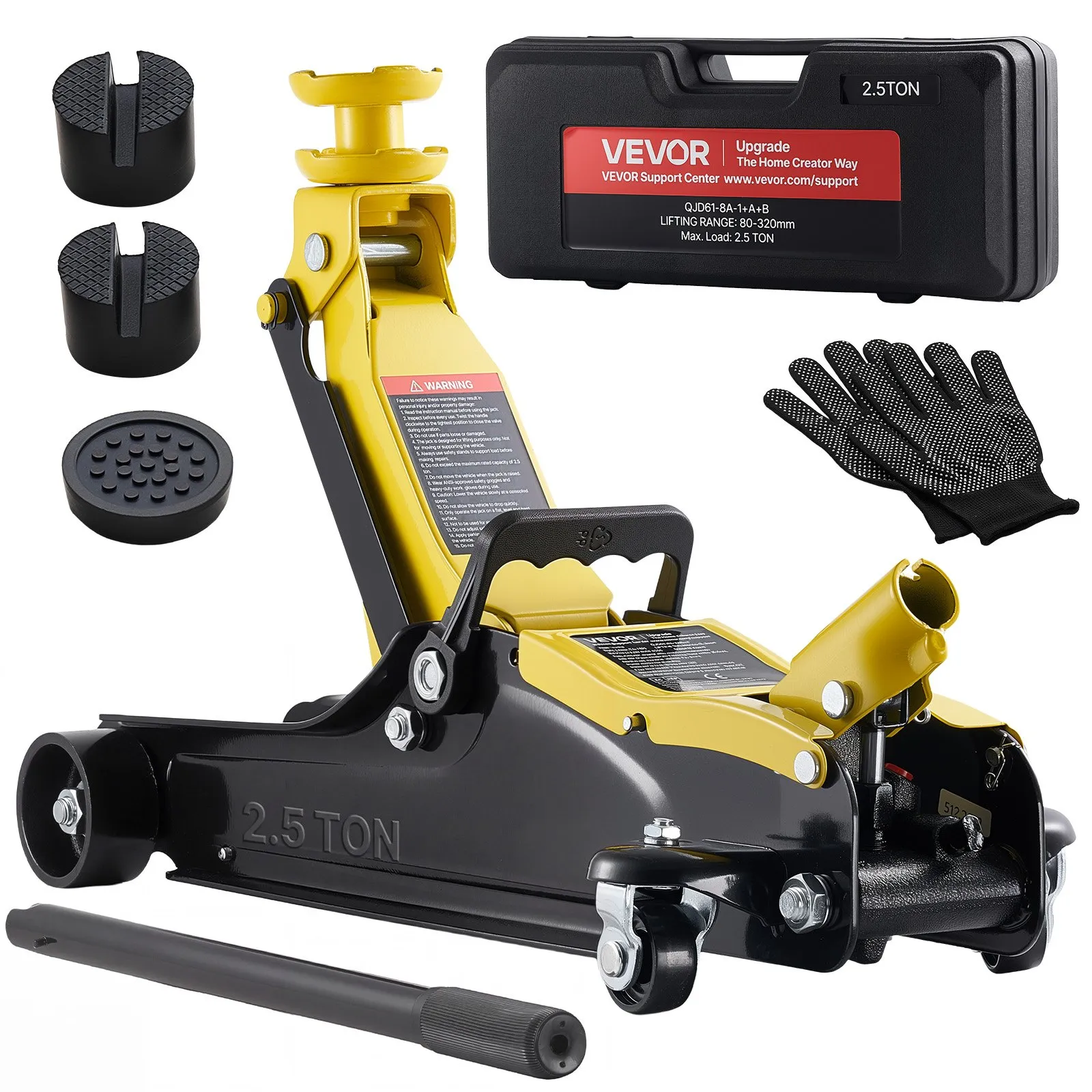 VEVOR Low Profile Floor Jack, 2.5 Ton Capacity, Steel Racing Floor Jack with Single Piston Quick Lift Pump & SUV Adapters, Hydraulic Trolley Car Lift for Sports Cars, Sedans, Lifting Range 85-350 mm
