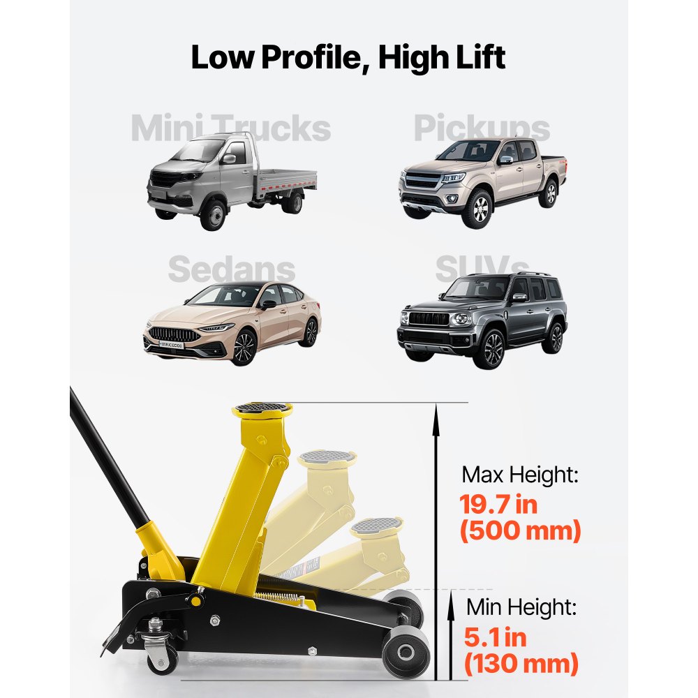 VEVOR Low Profile Floor Jack, 3 Ton Capacity, Steel Racing Floor Jack with Single Piston Quick Lift Pump & Foot Pedal, Hydraulic Trolley Car Lift for Sedans, SUVs, Pickups, Lifting Range 130-500 mm