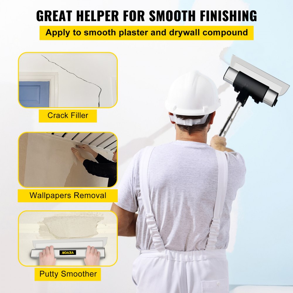 VEVOR Skimming Blade Set,25+40+60 cm Blades + 35"-78" Extension Handle，European Stainless Steel Construction Knife, Aluminum Blade Profile Smoothing Knockdown Spatula for Gyprock/Drywall/Wall-Boa