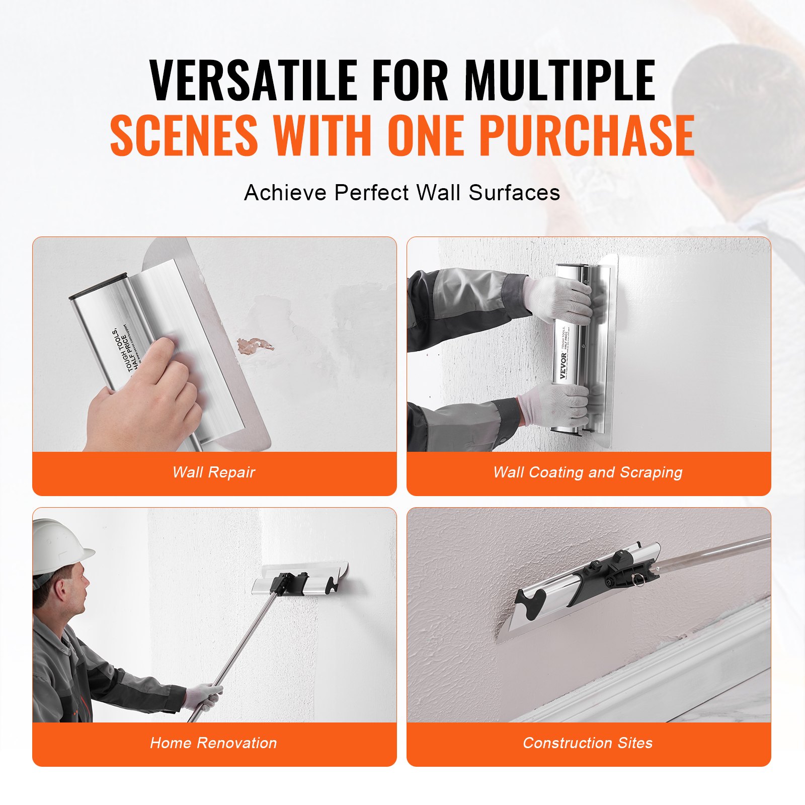 VEVOR Drywall Skimming Blade Set, 7/10/14/16/24 in Skimming Blades + 34 - 81.6 in Extension Handle Pole, Stainless Steel Knife Professional Skim Coat Tools, for Gyprock/WallBoard/Plasterboard