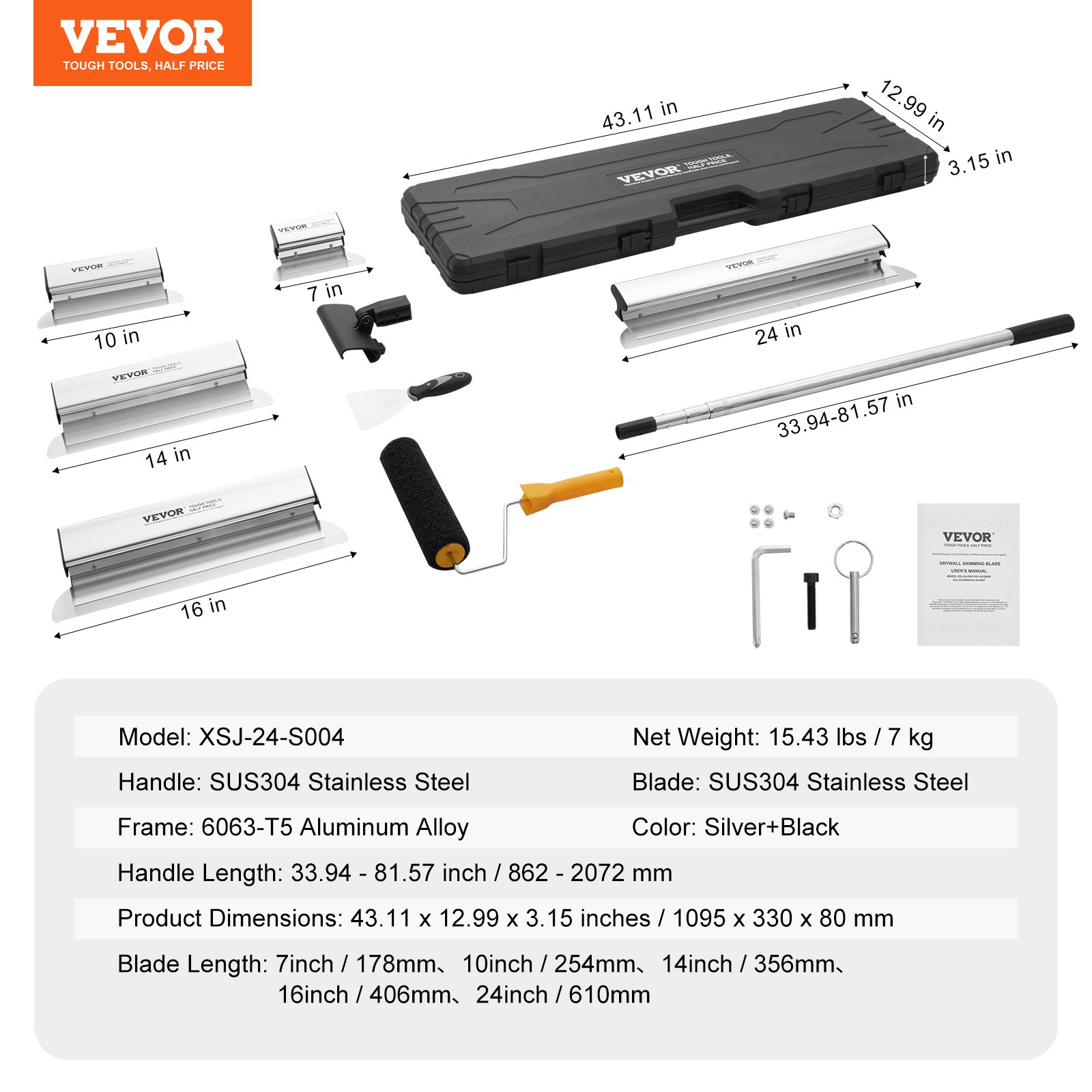 VEVOR Drywall Skimming Blade Set, 7/10/14/16/24 in Skimming Blades + 34 - 81.6 in Extension Handle Pole, Stainless Steel Knife Professional Skim Coat Tools, for Gyprock/WallBoard/Plasterboard