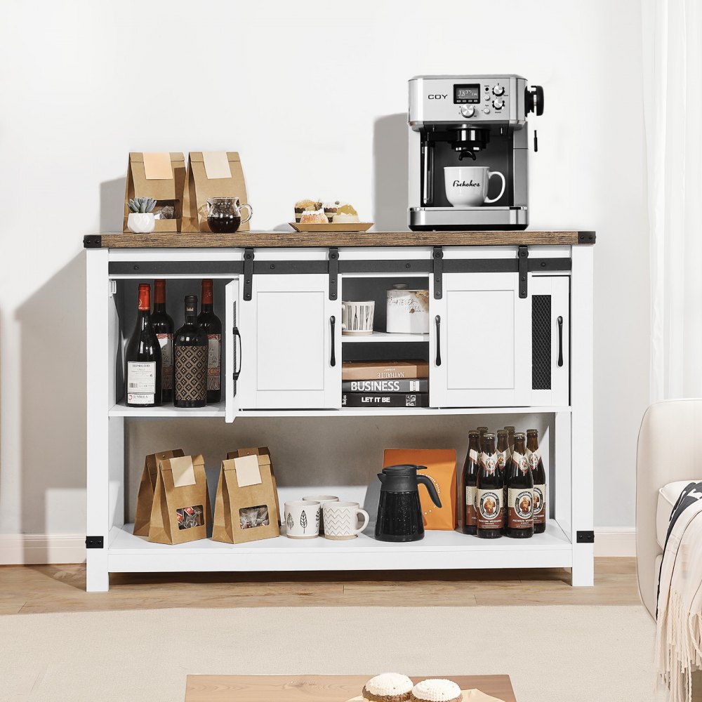 VEVOR Coffee Bar Cabinet, 47.3 x 15.7 x 32.7 in Farmhouse Coffee Bar Cabinet with 4-Tier Storage, Coffee Bar Table with Barn Doors, Farmhouse Sideboard Buffet Cabinet for Living Room, Entryway