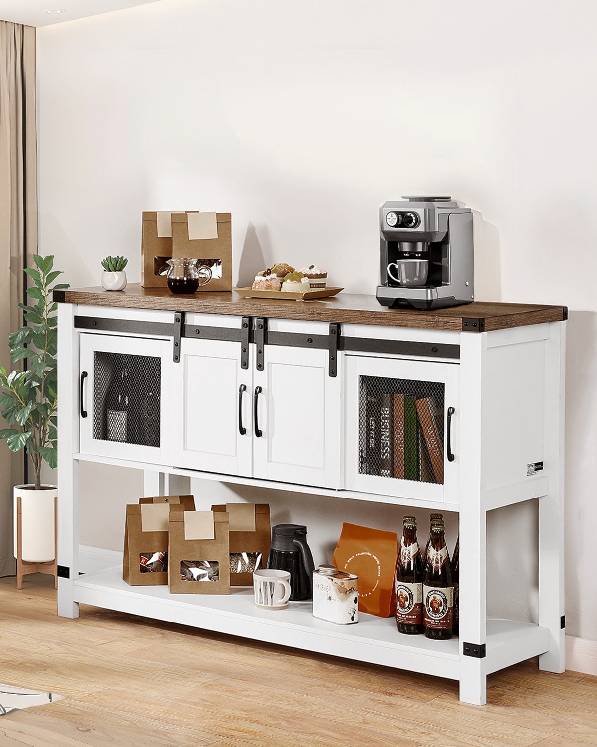 VEVOR Coffee Bar Cabinet, 47.3 x 15.7 x 32.7 in Farmhouse Coffee Bar Cabinet with 4-Tier Storage, Coffee Bar Table with Barn Doors, Farmhouse Sideboard Buffet Cabinet for Living Room, Entryway