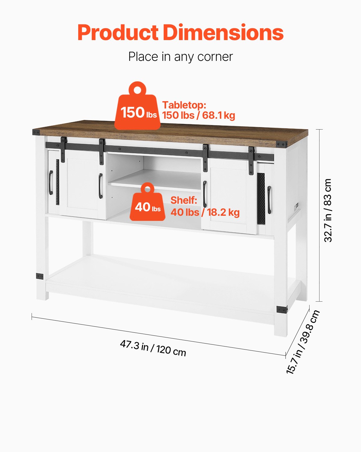 VEVOR Coffee Bar Cabinet, 47.3 x 15.7 x 32.7 in Farmhouse Coffee Bar Cabinet with 4-Tier Storage, Coffee Bar Table with Barn Doors, Farmhouse Sideboard Buffet Cabinet for Living Room, Entryway