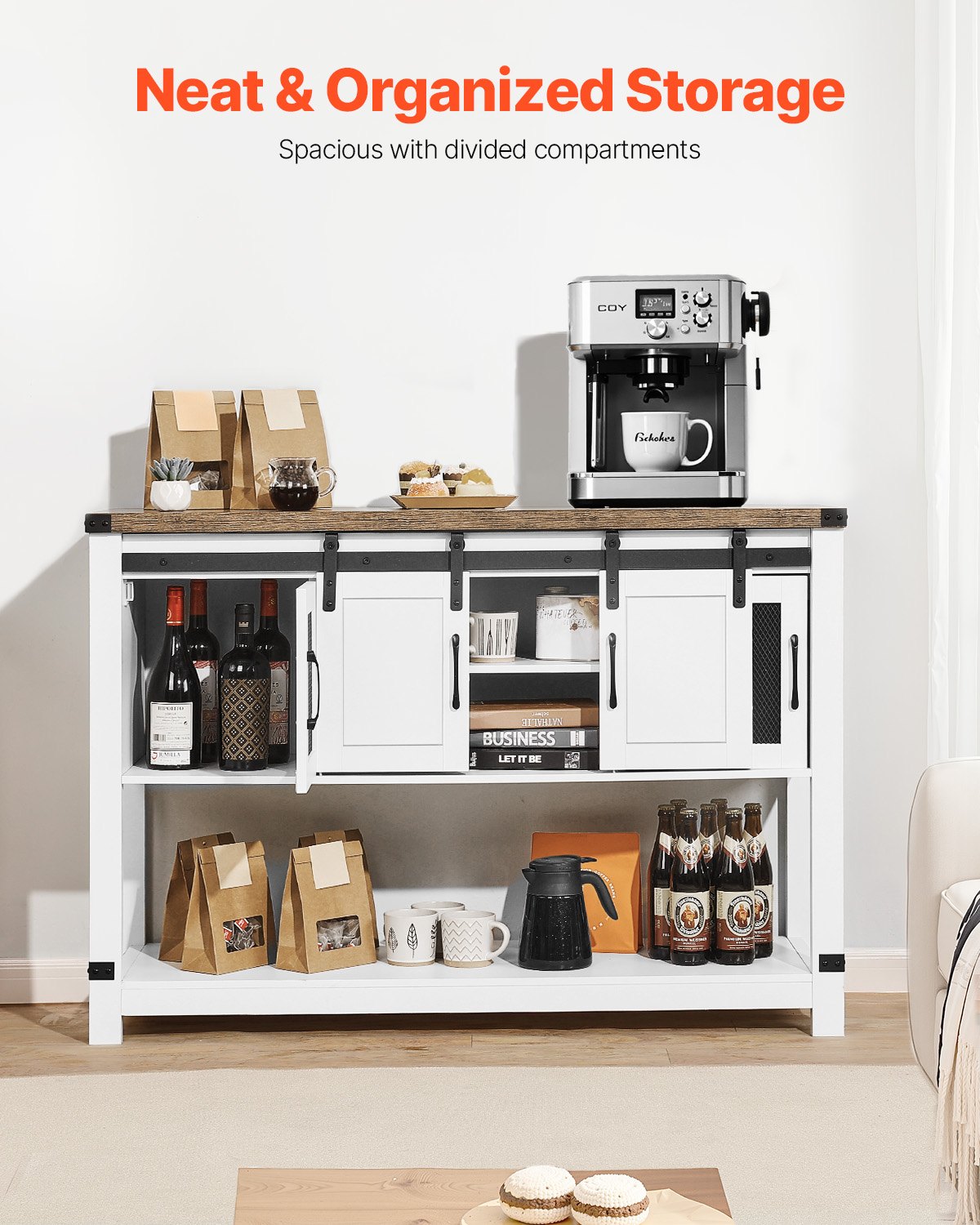 VEVOR Coffee Bar Cabinet, 47.3 x 15.7 x 32.7 in Farmhouse Coffee Bar Cabinet with 4-Tier Storage, Coffee Bar Table with Barn Doors, Farmhouse Sideboard Buffet Cabinet for Living Room, Entryway