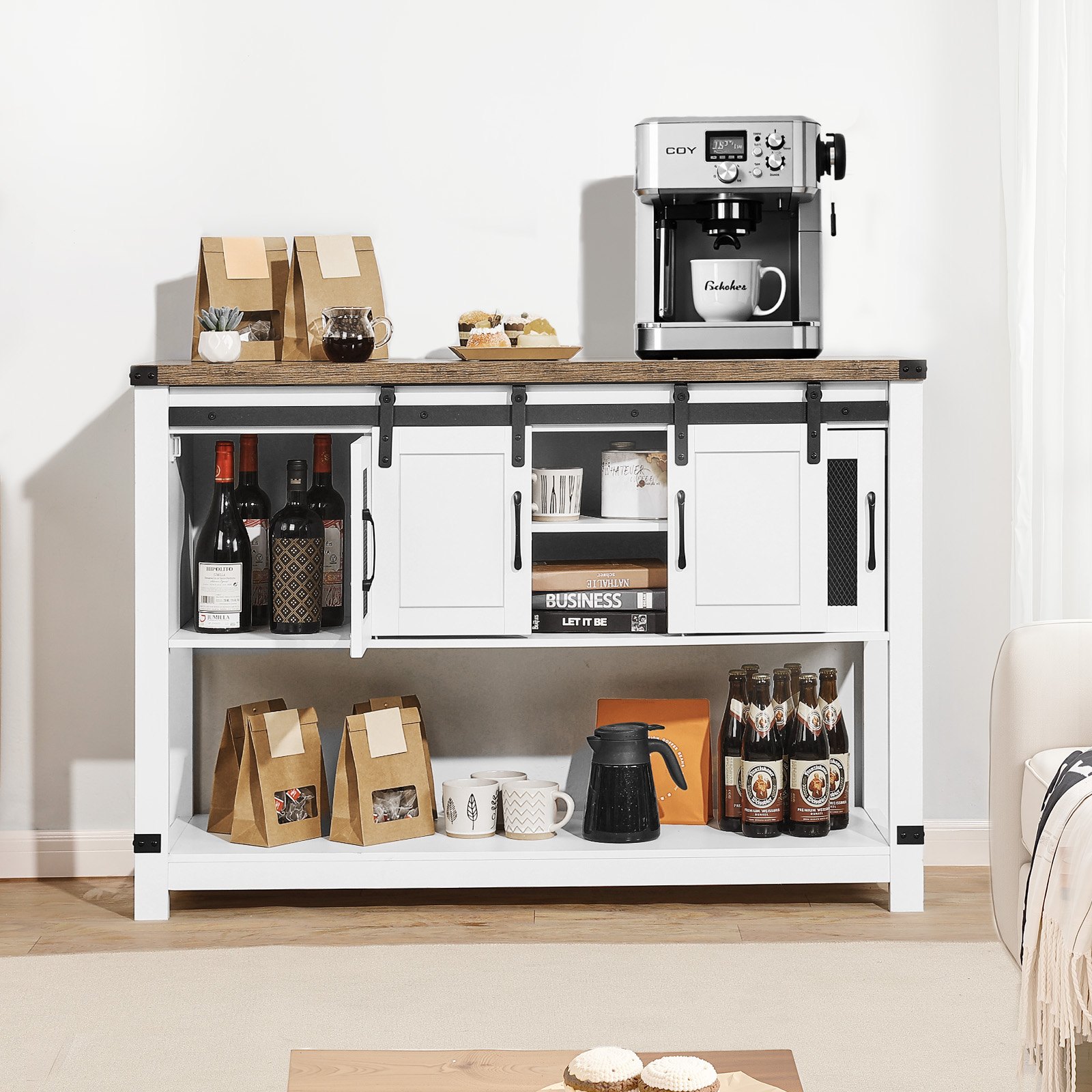 VEVOR Coffee Bar Cabinet, 47.3 x 15.7 x 32.7 in Farmhouse Coffee Bar Cabinet with 4-Tier Storage, Coffee Bar Table with Barn Doors, Farmhouse Sideboard Buffet Cabinet for Living Room, Entryway