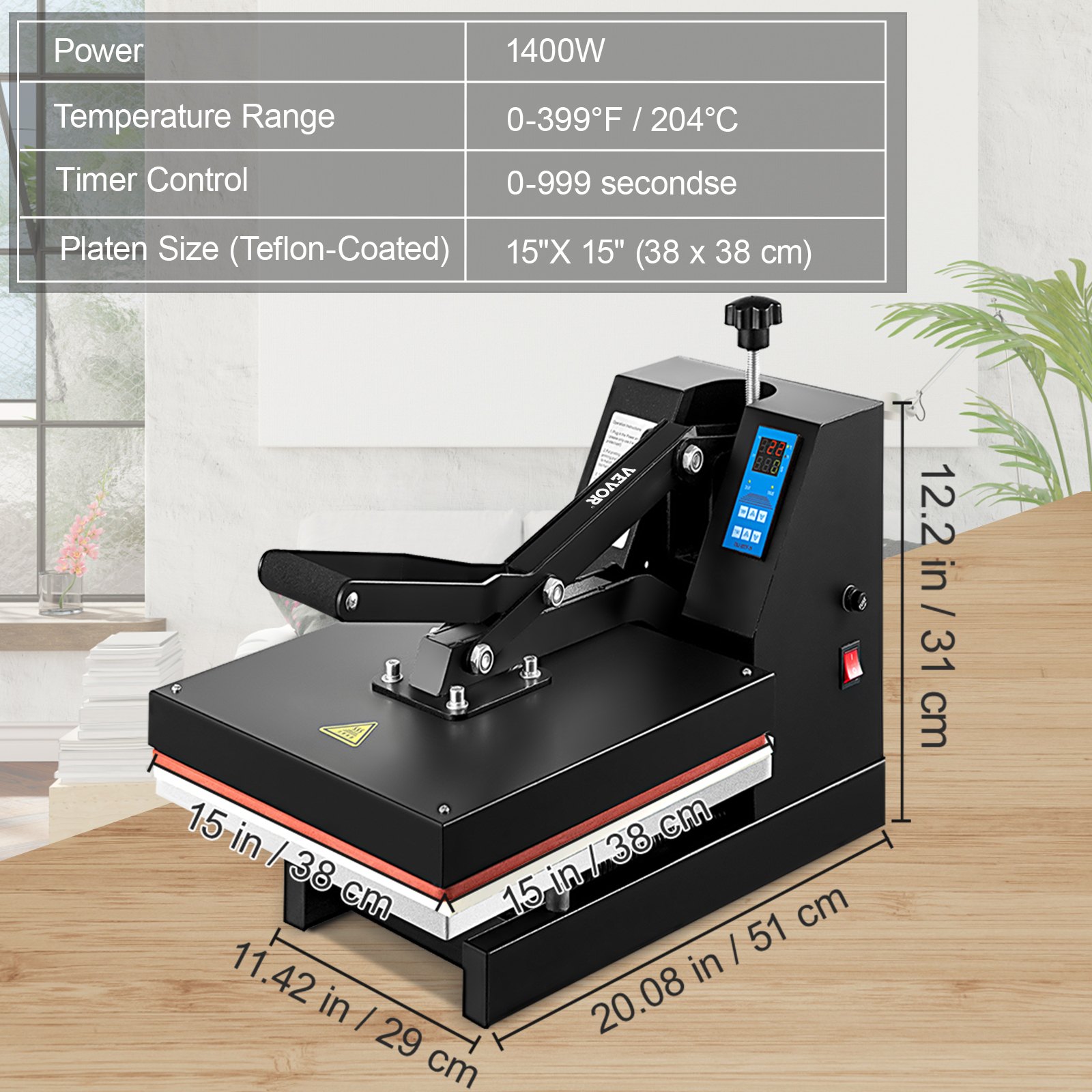 VEVOR Heat Press 38x38 cm Heat Press Machine Industrial Quality Power T Shirt Heat Press Sublimation Machine Clamshell Heat Press Machine for T Shirts