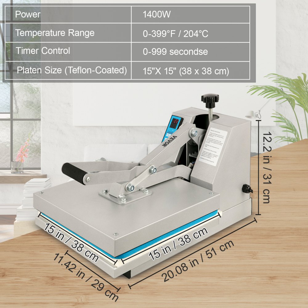 VEVOR Heat Press Machine 15X15 Inch Sublimation Machine 1400W Silver T Shirt Press Machine with Digital Display Screen 15x15 Heat Press Heat Transfer Printing Press For DIY T-Shirts Cloth Mouse Pad