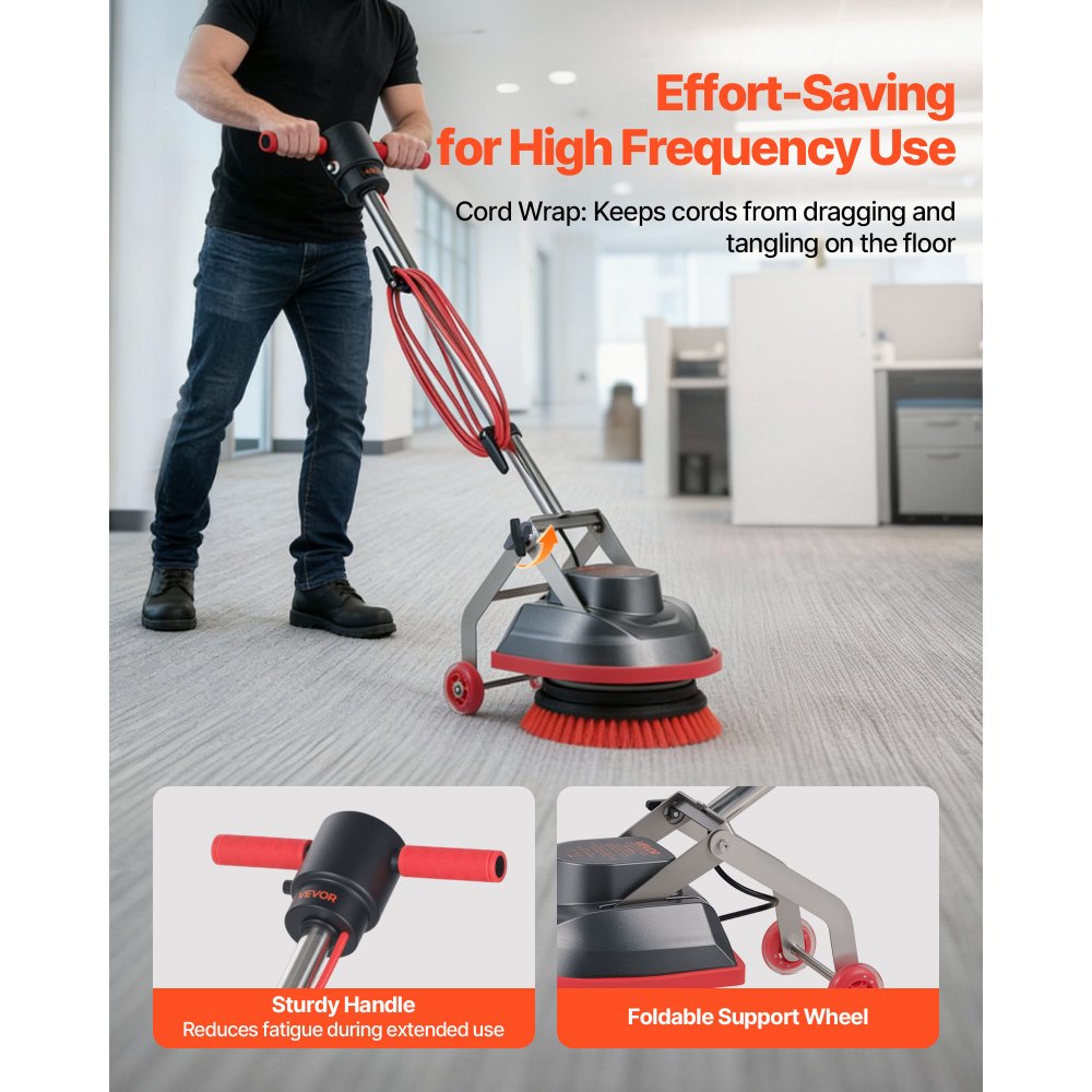 VEVOR Commercial Floor Scrubber Machine, Heavy Duty Floor Cleaner Polisher with 2 Wheels,  Professional Electric Carpet Buffer, Max 1900 RPM, 43 FT Cord, 3 Pads & 3 Brushes - All Floor Surfaces