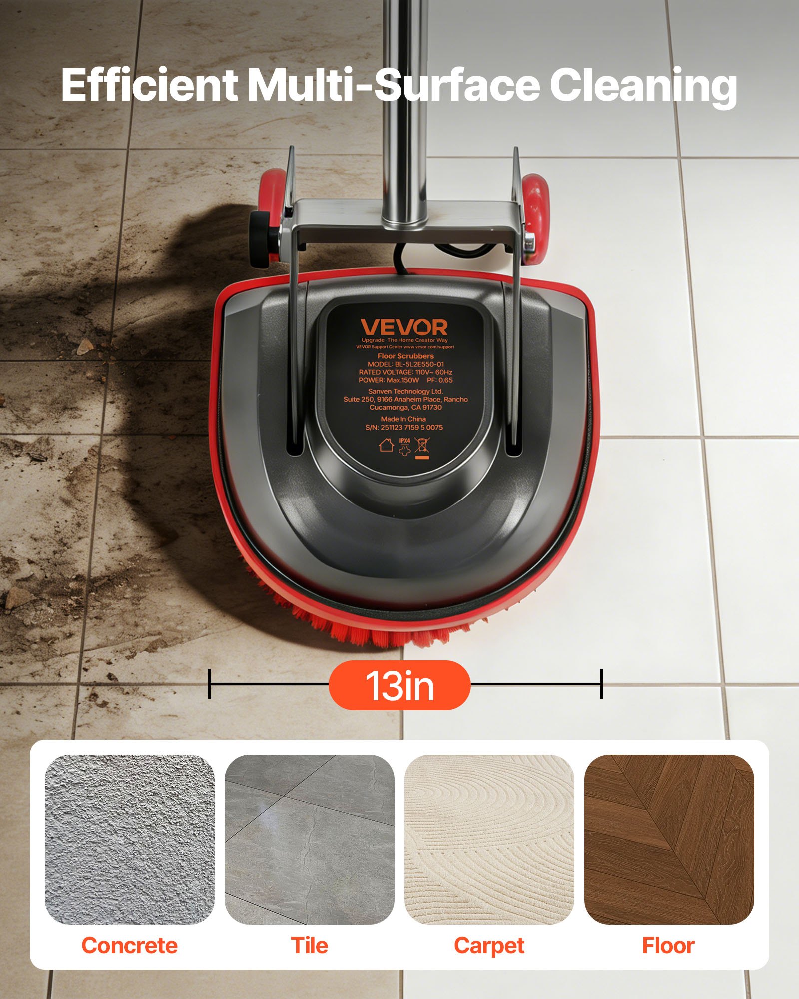 VEVOR Commercial Floor Scrubber Machine, Heavy Duty Floor Cleaner Polisher with 2 Wheels,  Professional Electric Carpet Buffer, Max 1900 RPM, 43 FT Cord, 3 Pads & 3 Brushes - All Floor Surfaces