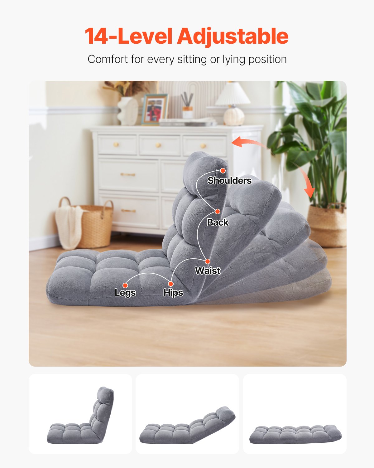 VEVOR Floor Chair, Recycled Foam Folding Sofa Chair with 14 Adjustable Positions, Multifunctional Floor Chair with Back Support Ideal for Sleeping Reading, Floor Gaming Chair Suitable for Kids, Gray