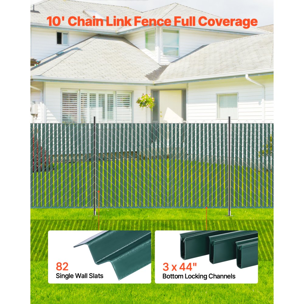 VEVOR Bottom Locking Privacy Slats, Single-Wall Vertical Bottom-Locking Slats for Chain-Link Fence, High-Density HDPE Chain Link Slats Ideally Fit 4' High Fence for Garden, Farm, Sports Field(Green)