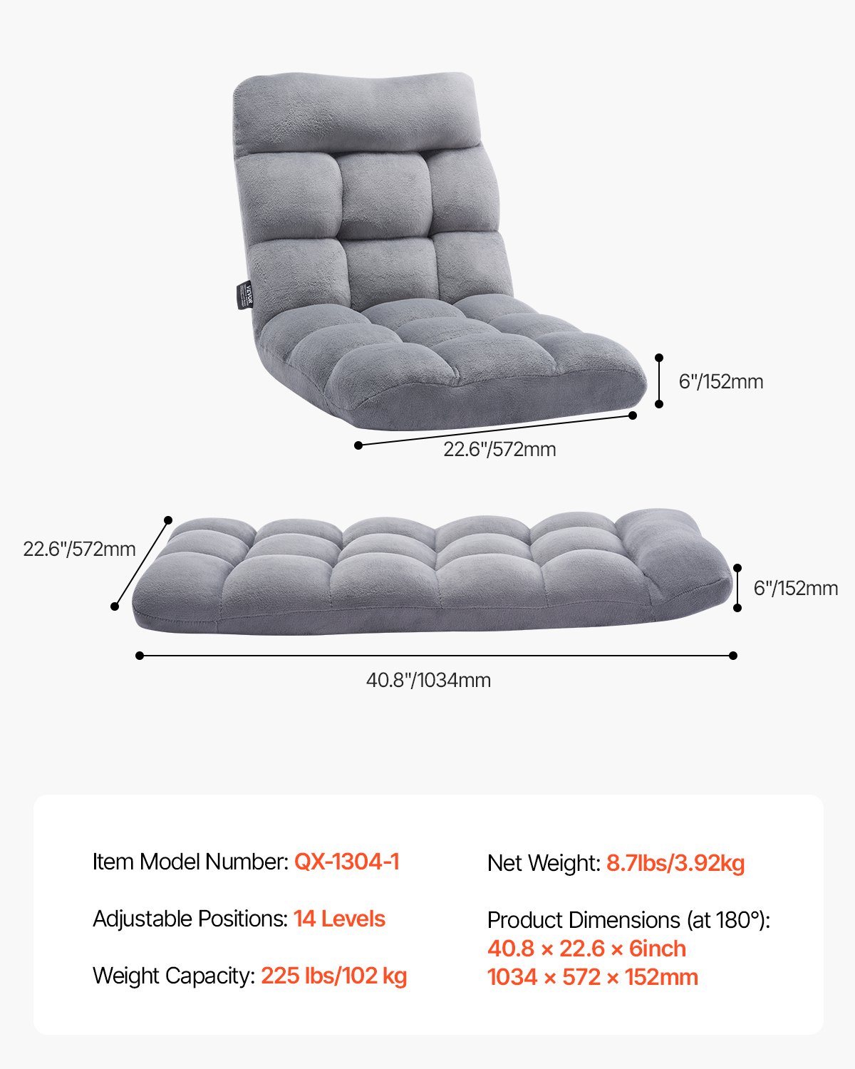 VEVOR Floor Chair, Recycled Foam Folding Sofa Chair with 14 Adjustable Positions, Multifunctional Floor Chair with Back Support Ideal for Sleeping Reading, Floor Gaming Chair for Living Room, Gray