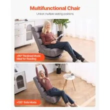 VEVOR Swivel Floor Gaming Chair, 360-Degree Rotating Floor Chair with 4 Adjustable Position Folding Backrest and Lumbar Support, Folding Video Reclining Sofa for Watching TV Reading Playing Game, Gray