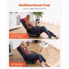 VEVOR Swivel Floor Gaming Chair with Armrests, 360-Degree Rotating Floor Chair with 6 Adjustable Position Folding Backrest and Lumbar Support, Folding Video Reclining Sofa for TV Reading, Red Black