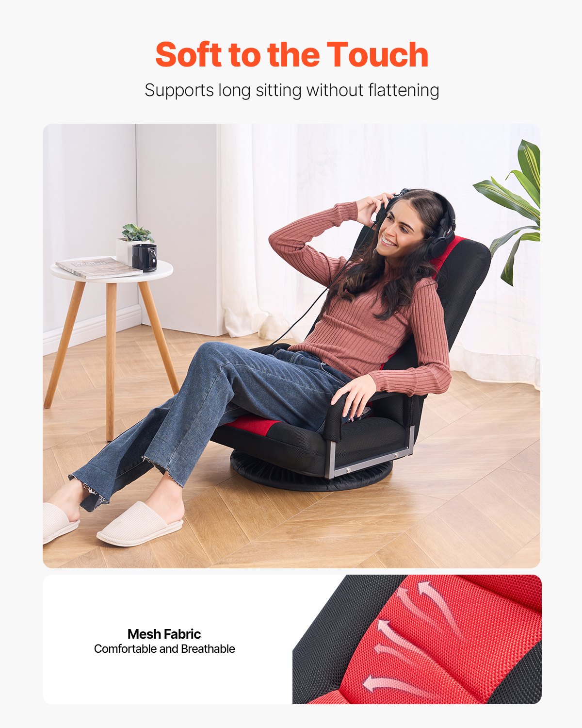 VEVOR Swivel Floor Gaming Chair with Armrests, 360-Degree Rotating Floor Chair with 6 Adjustable Position Folding Backrest and Lumbar Support, Folding Video Reclining Sofa for TV Reading, Red Black