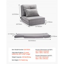 Convertible Flip Chair with 5 Adjustable Position Folding Floor Lazy Sofa Gray