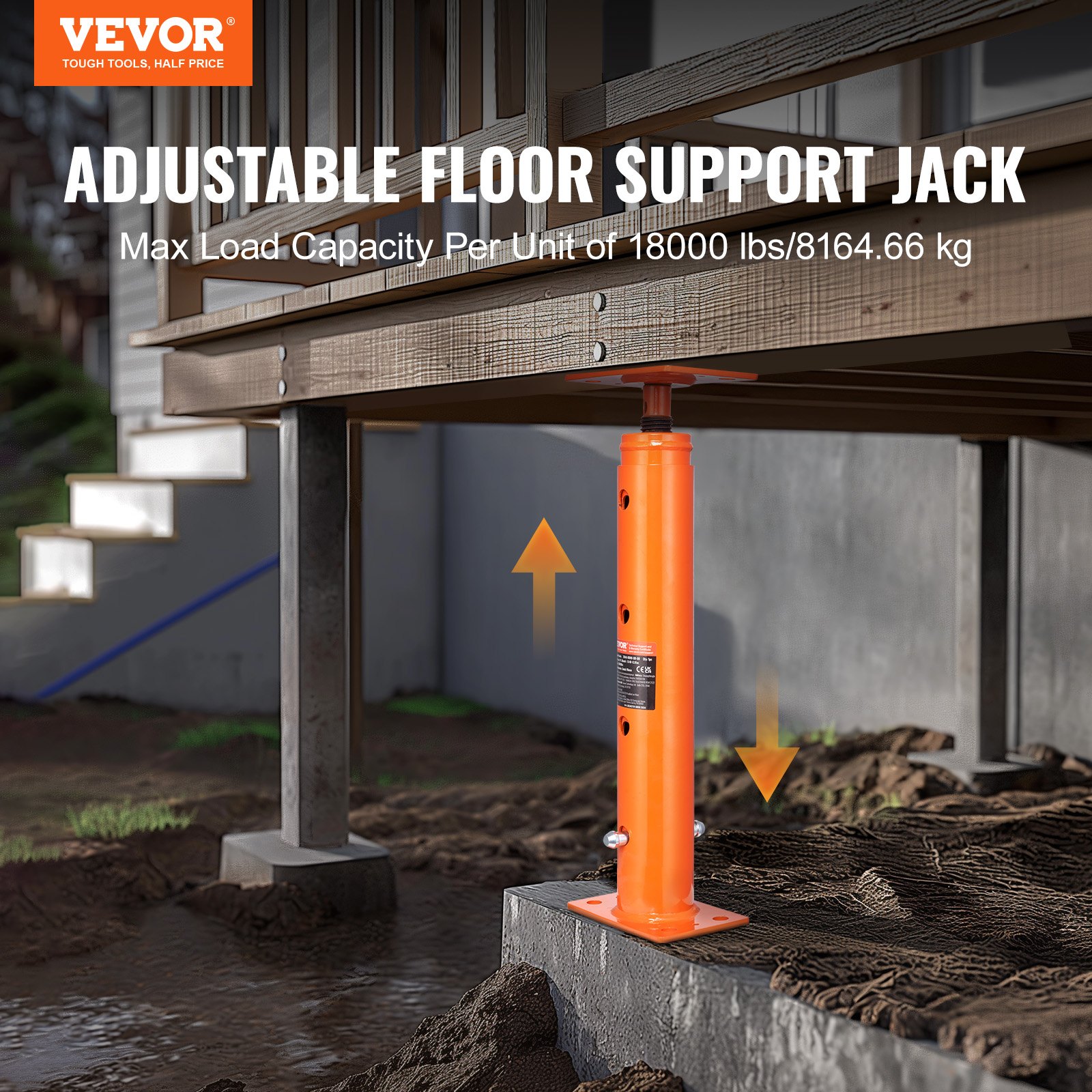 VEVOR House Floor Jack, 19"-36" Height Range, 18000 lbs Max Load Capacity, Adjustable Support Beam Basement Jack Post Pole for Leveling, Lift Support Steel Telescoping Jack Post for Temporary Support