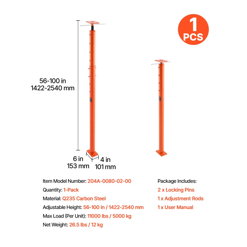 VEVOR House Floor Jack, 56"-100" Height Range, 18000 lbs Max Load Capacity, Adjustable Support Beam Basement Jack Post Pole for Leveling, Lift Support Steel Telescoping Jack for Temporary Support
