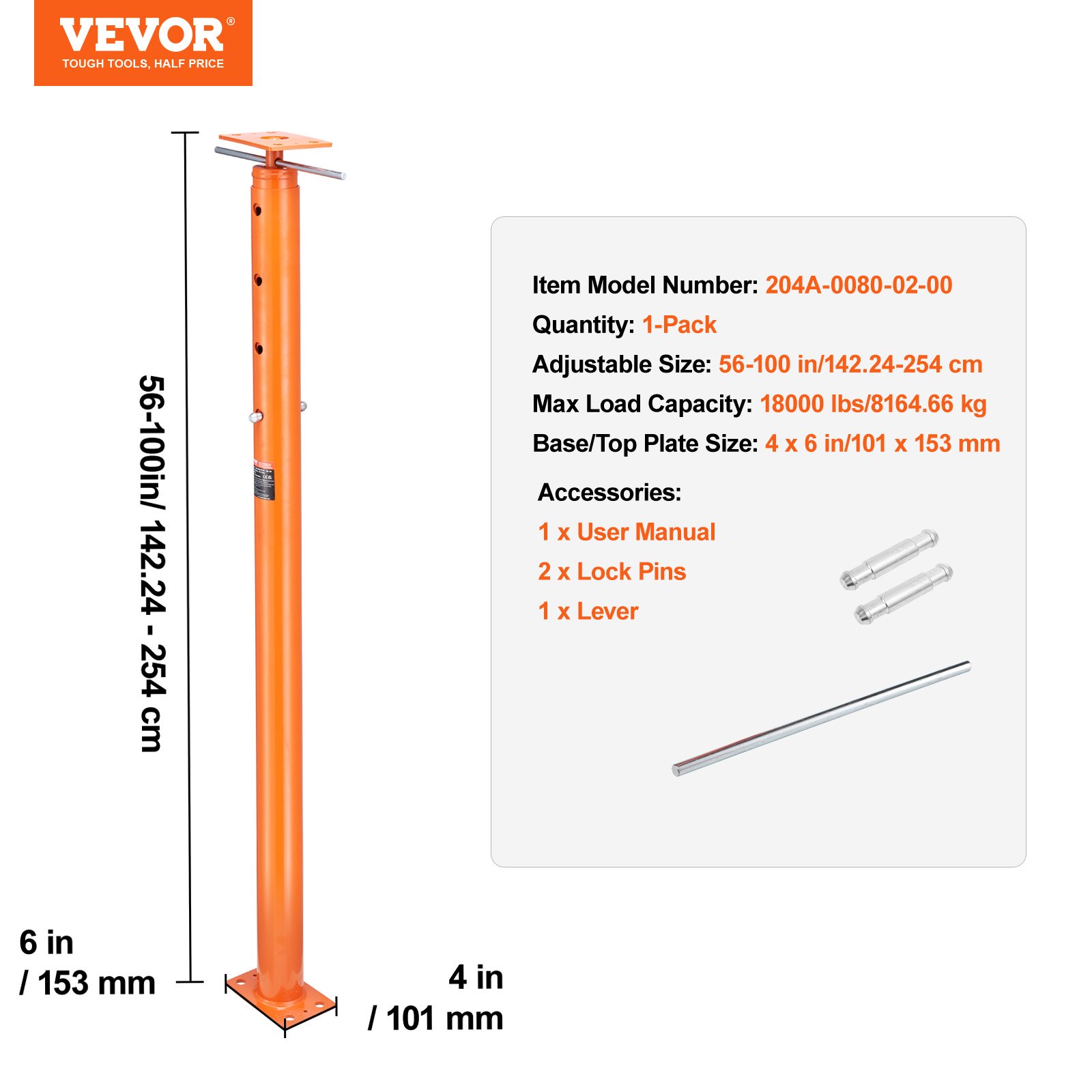 VEVOR House Floor Jack, 56"-100" Height Range, 18000 lbs Max Load Capacity, Adjustable Support Beam Basement Jack Post Pole for Leveling, Lift Support Steel Telescoping Jack for Temporary Support
