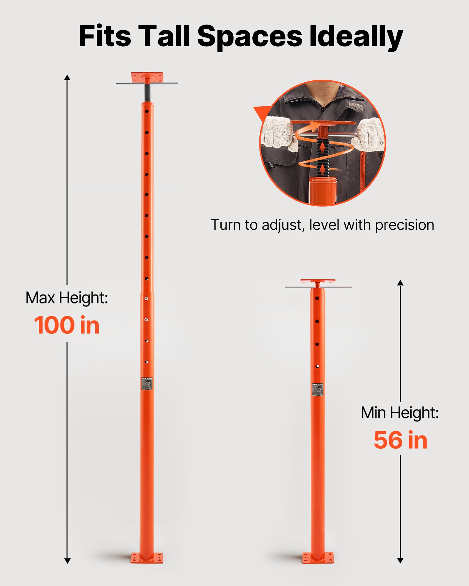 VEVOR House Floor Jack, 56"-100" Height Range, 18000 lbs Max Load Capacity, Adjustable Support Beam Basement Jack Post Pole for Leveling, Lift Support Steel Telescoping Jack for Temporary Support
